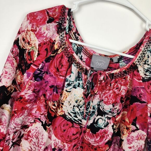 ANTHROPOLOGIE VANESSA VIRGINIA WOMENS XS FLORAL ROSE SILK BLOUSE TOP CUT OUTS - Picture 2 of 6